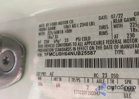 2022 Ford Escape Sel z USA, uszkodzony, nr VIN 1FMCU0H64NUB25587